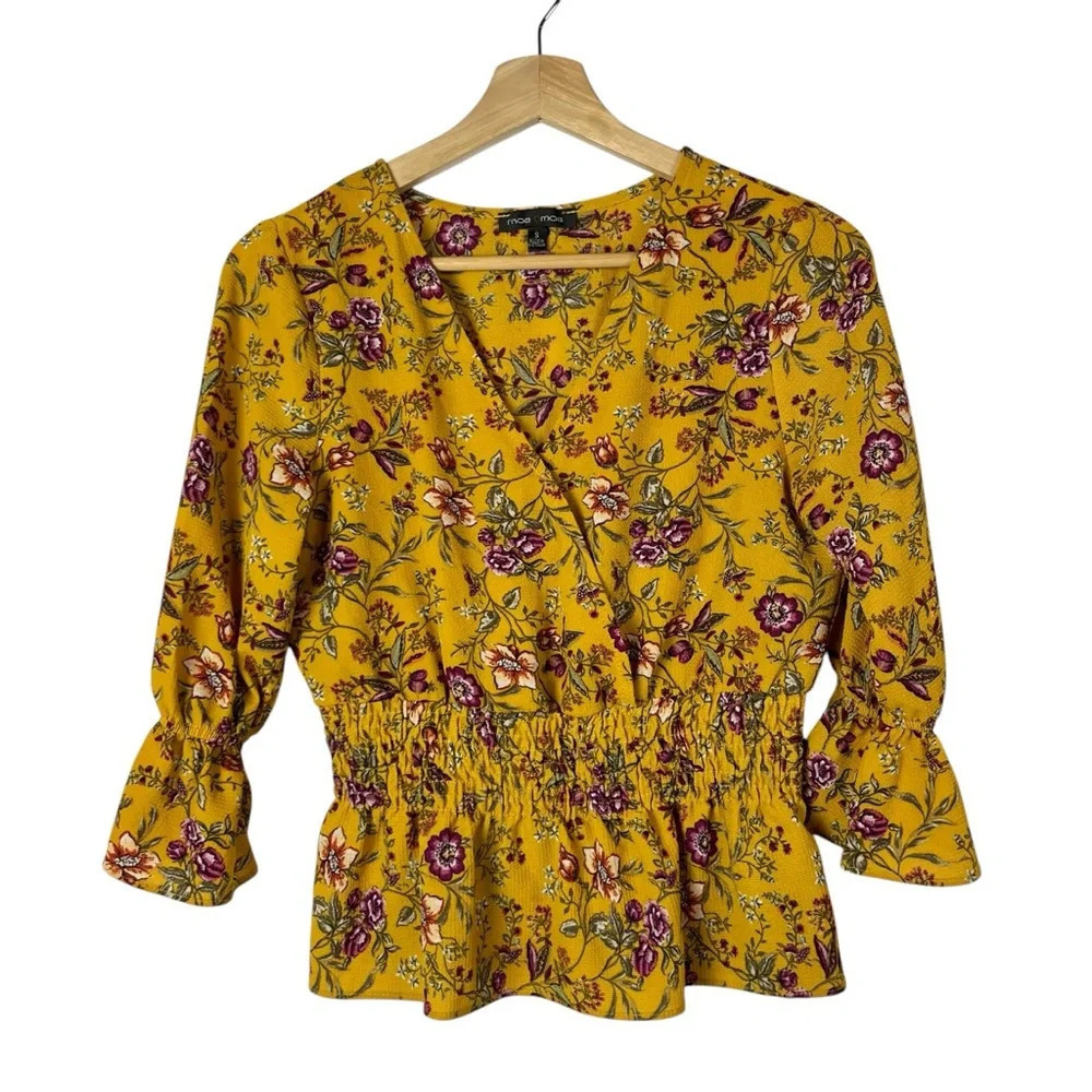 Moa Moa Yellow Floral Smocked Waist Long Sleeve Top S